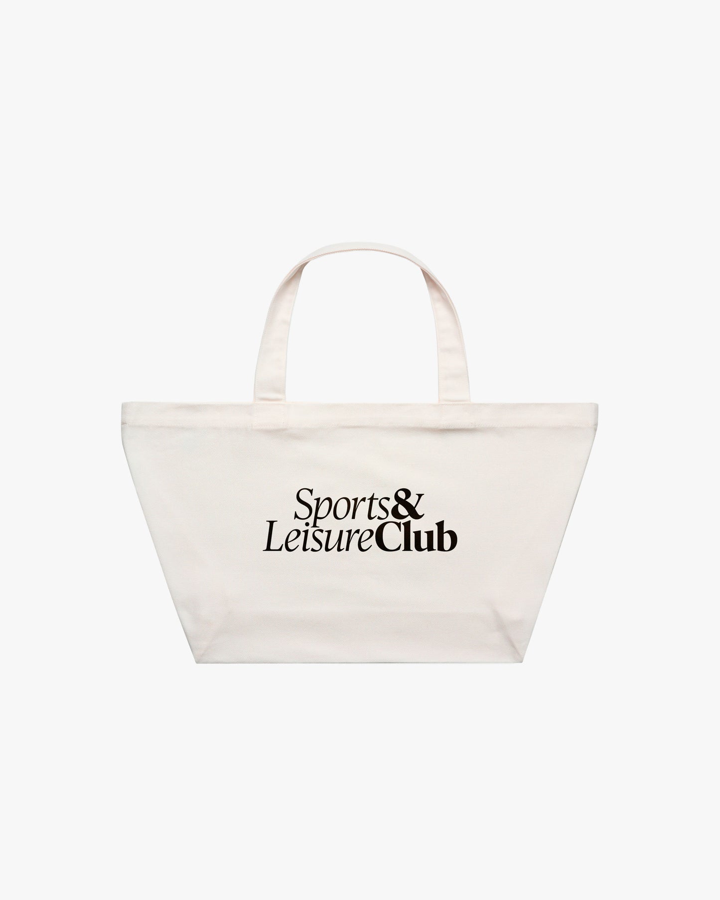 Large cream canvas tote bag with black Sports & Leisure Club logo, heavyweight cotton, oversized shopper bag for everyday and gym use.