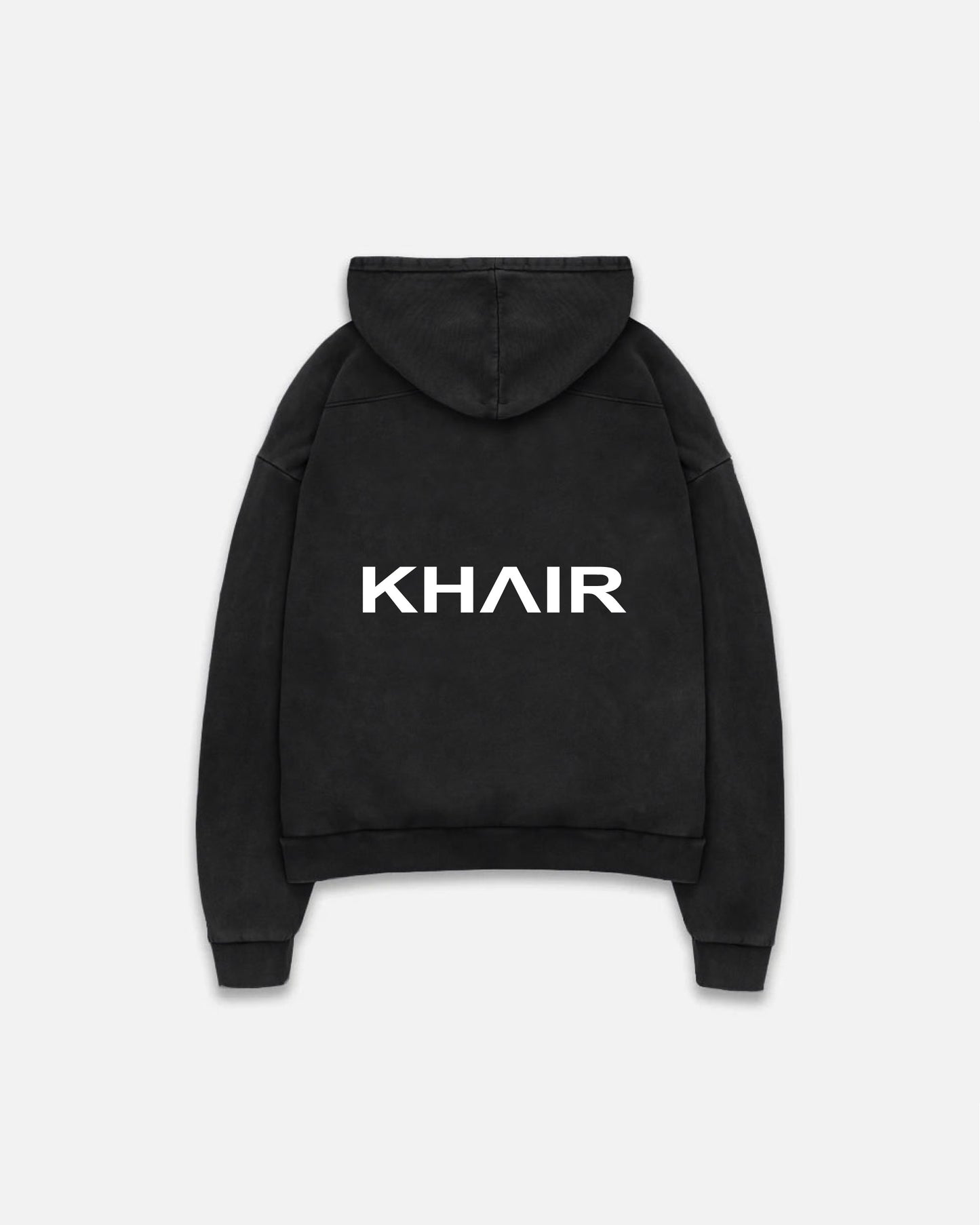 Back view of the Sports & Leisure Club Santa Monica Hoodie featuring an oversized white Khair logo on a vintage black finish