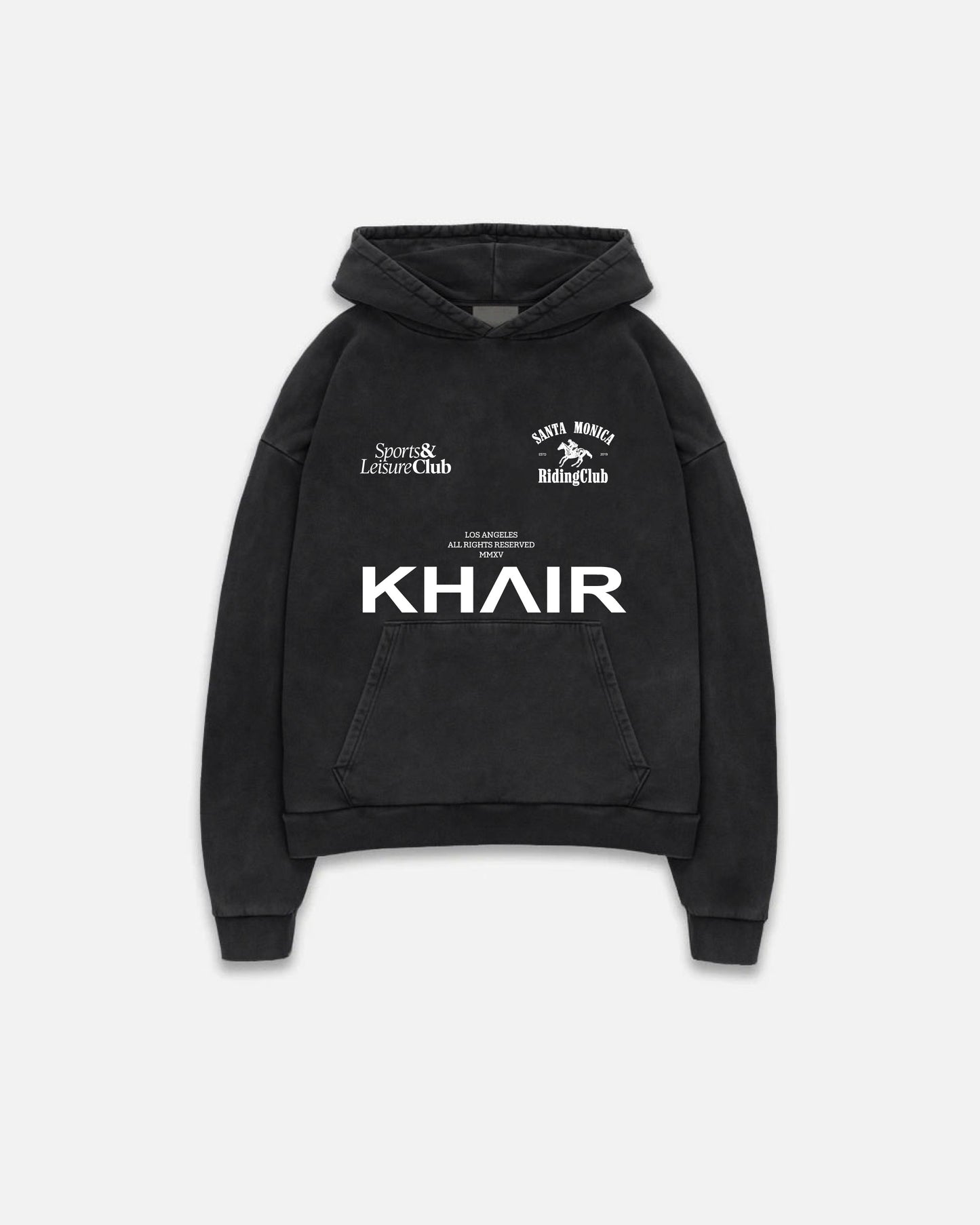 Front view of the vintage black Sports & Leisure Club Santa Monica Hoodie with bold white chest graphics and kangaroo pocket.