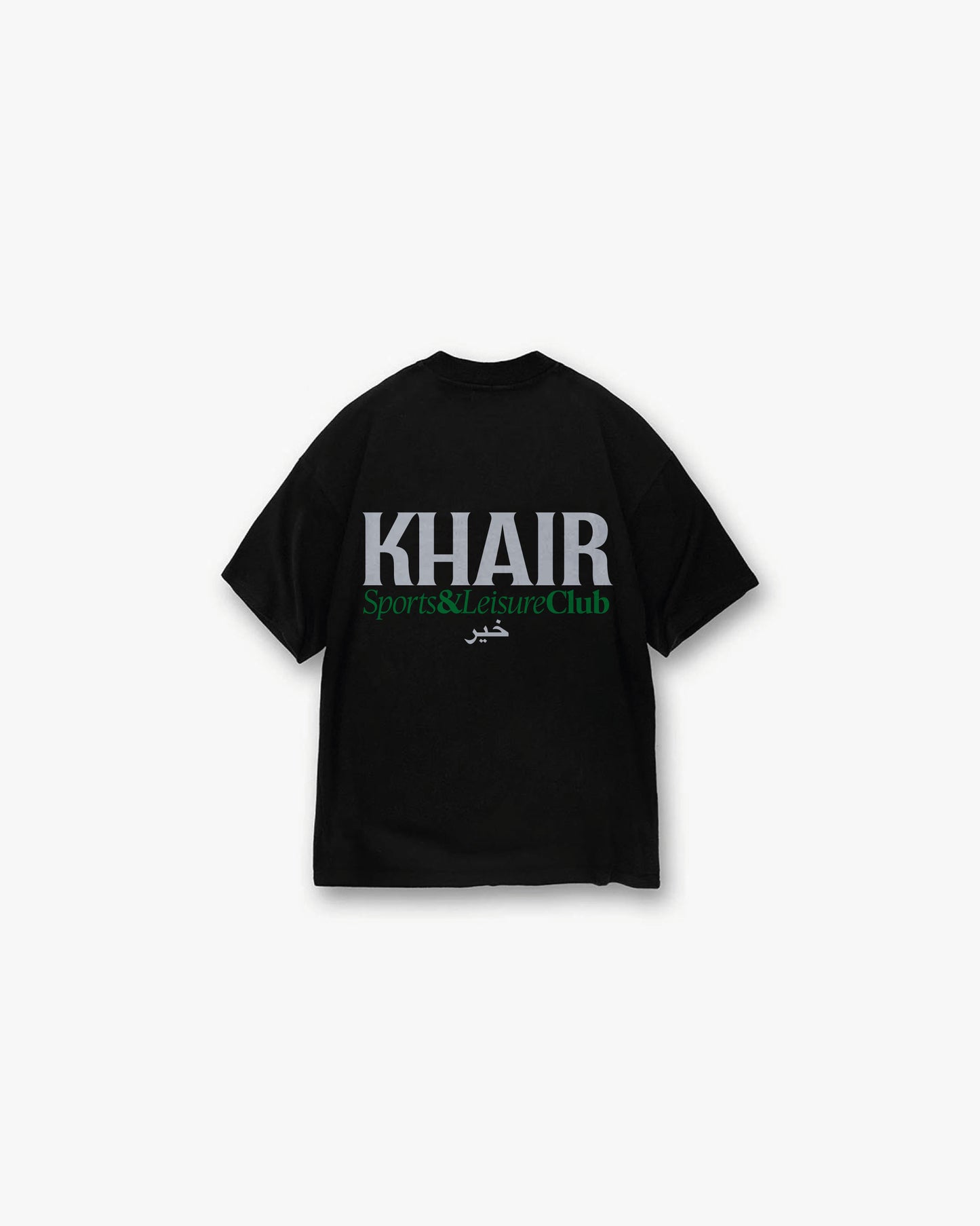 Back view of black oversized Khair Sports & Leisure Club t-shirt featuring large logo print in grey and green