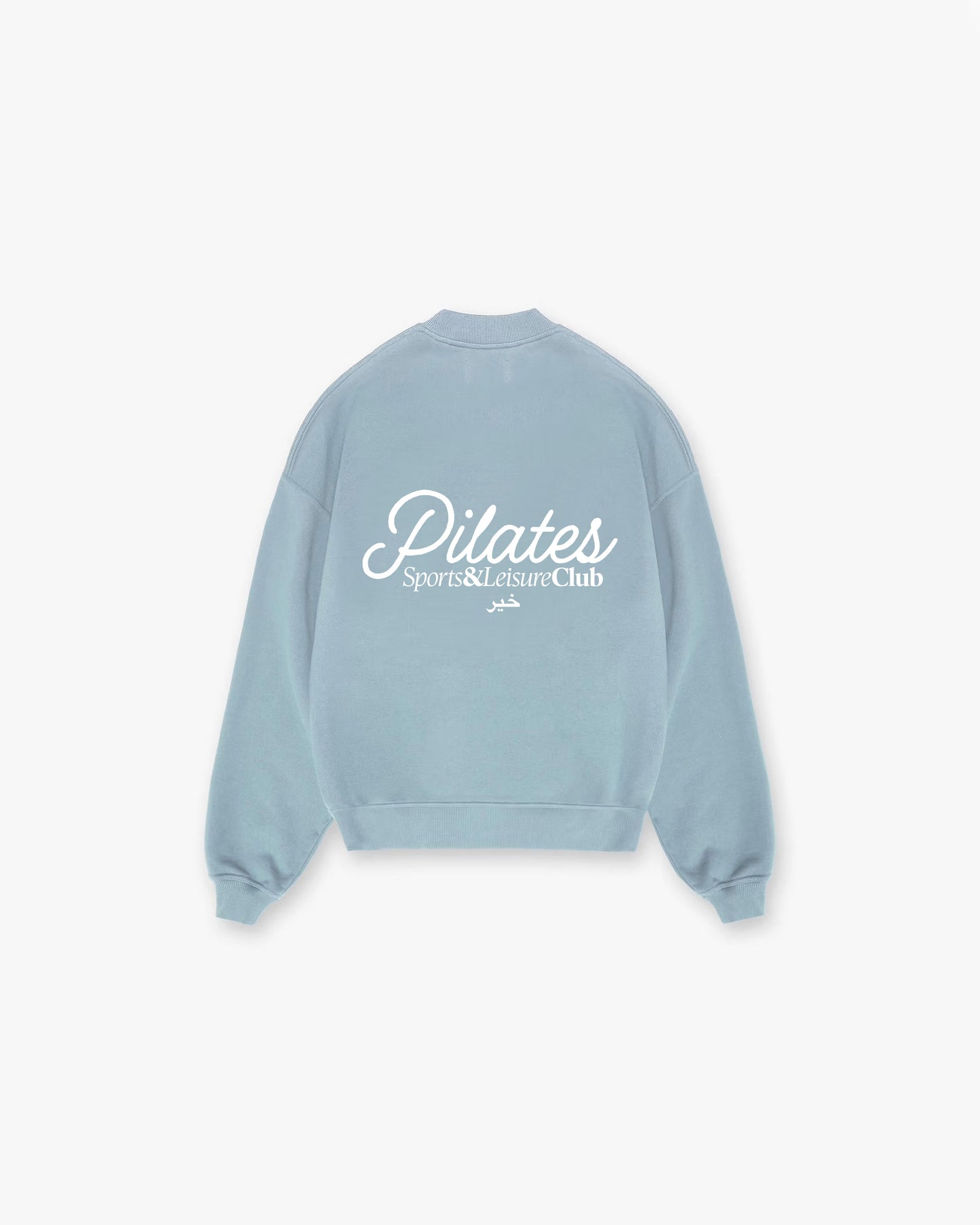 Oversized powder blue crewneck with large white Pilates Sports & Leisure Club logo on back, heavyweight cotton sweatshirt.