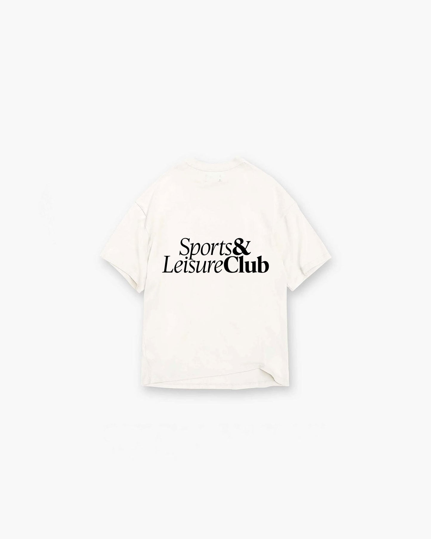 Oversized white T-shirt with large black Sports & Leisure Club logo on back, heavyweight cotton streetwear tee.