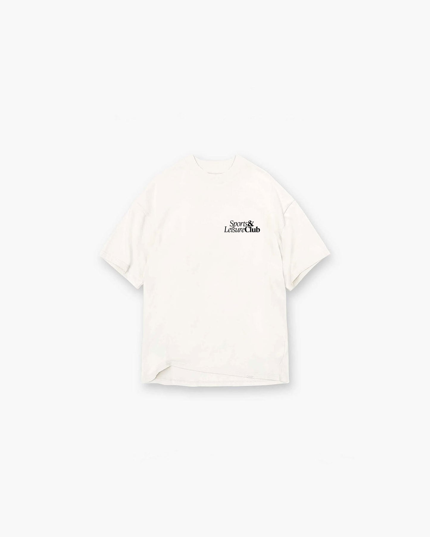 Oversized white T-shirt with small black Sports & Leisure Club logo on chest, heavyweight cotton streetwear tee