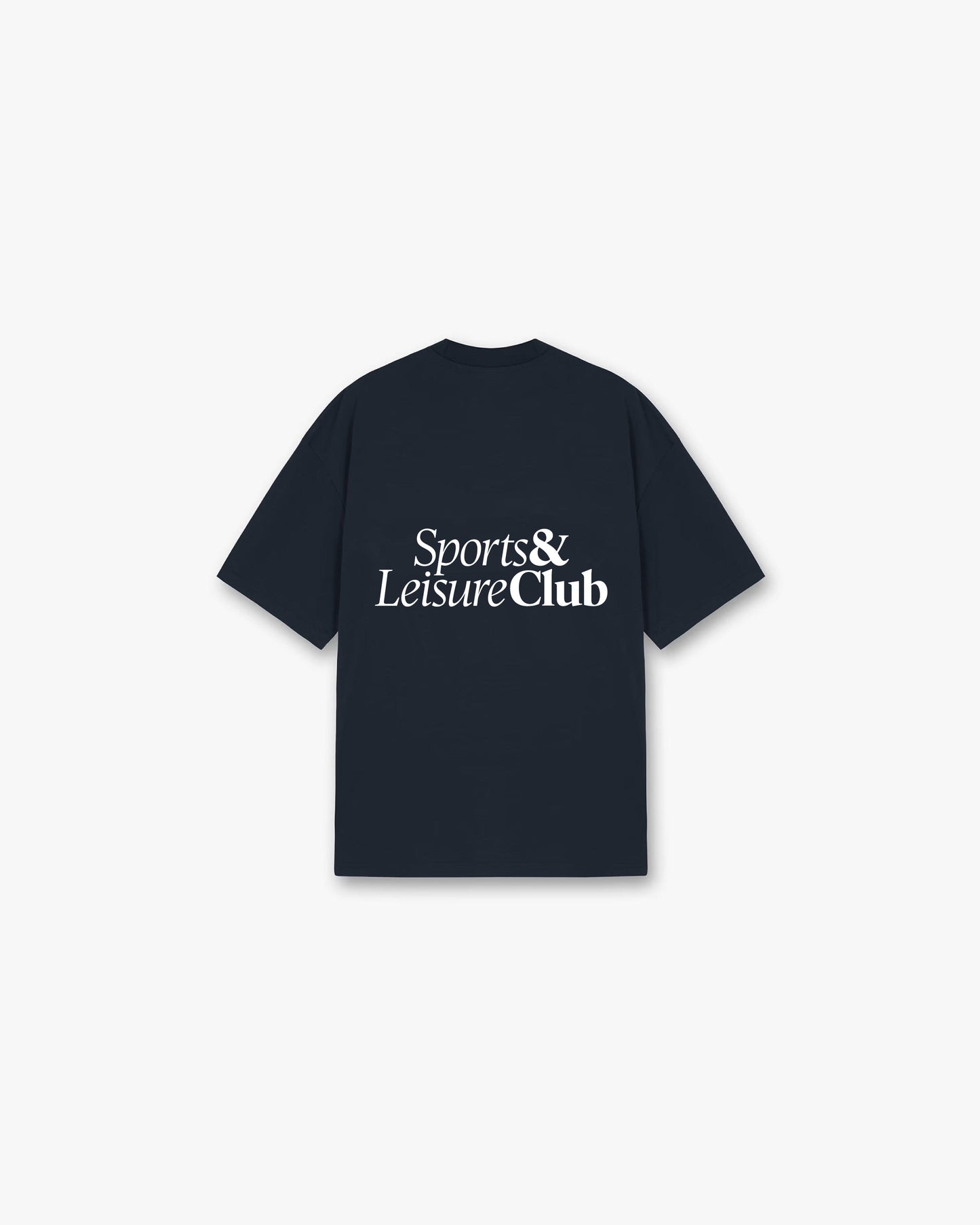 Oversized navy T-shirt with large white Sports & Leisure Club logo on back, heavyweight cotton streetwear tee.