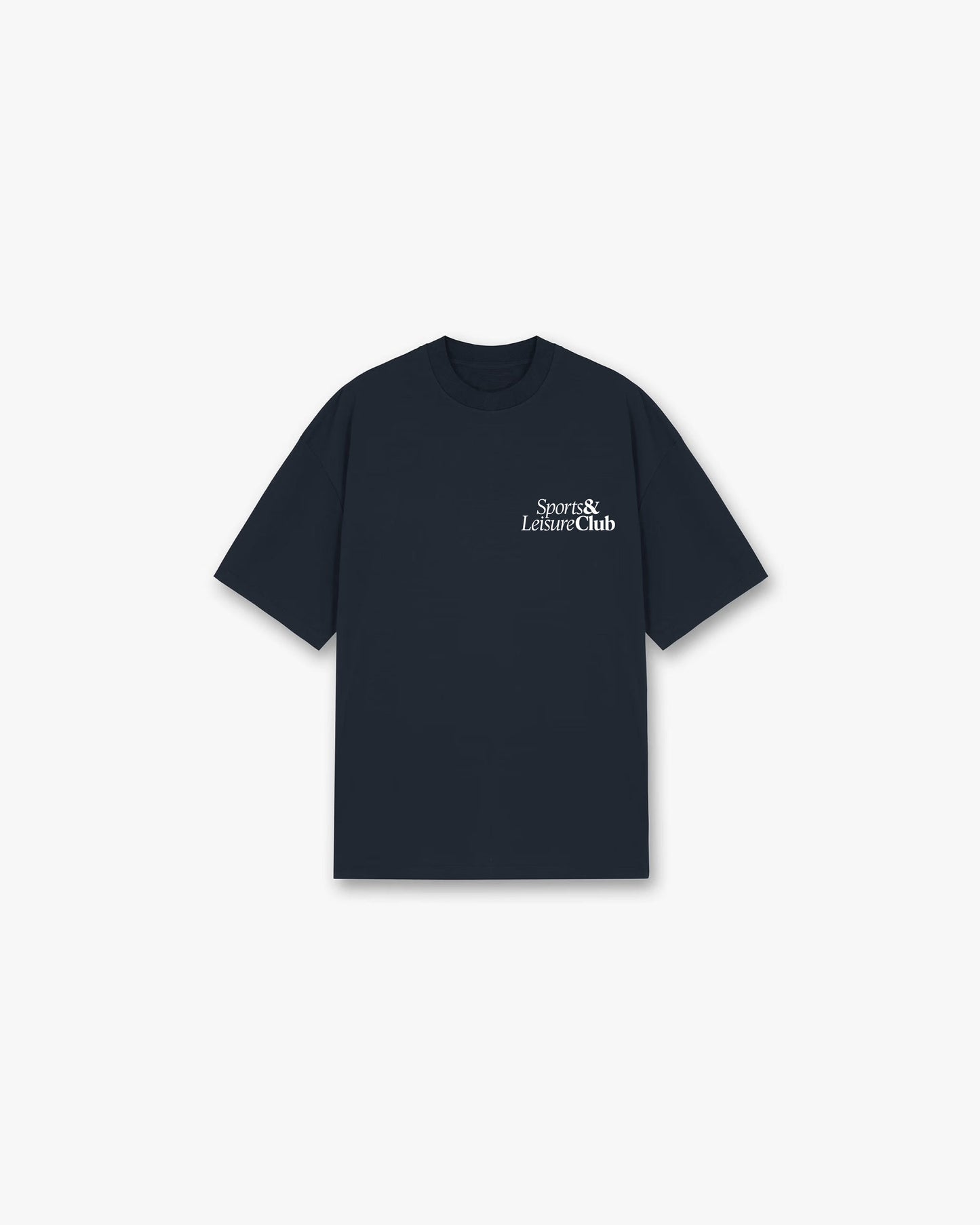 Oversized navy T-shirt with small white Sports & Leisure Club logo on chest, heavyweight cotton streetwear tee.
