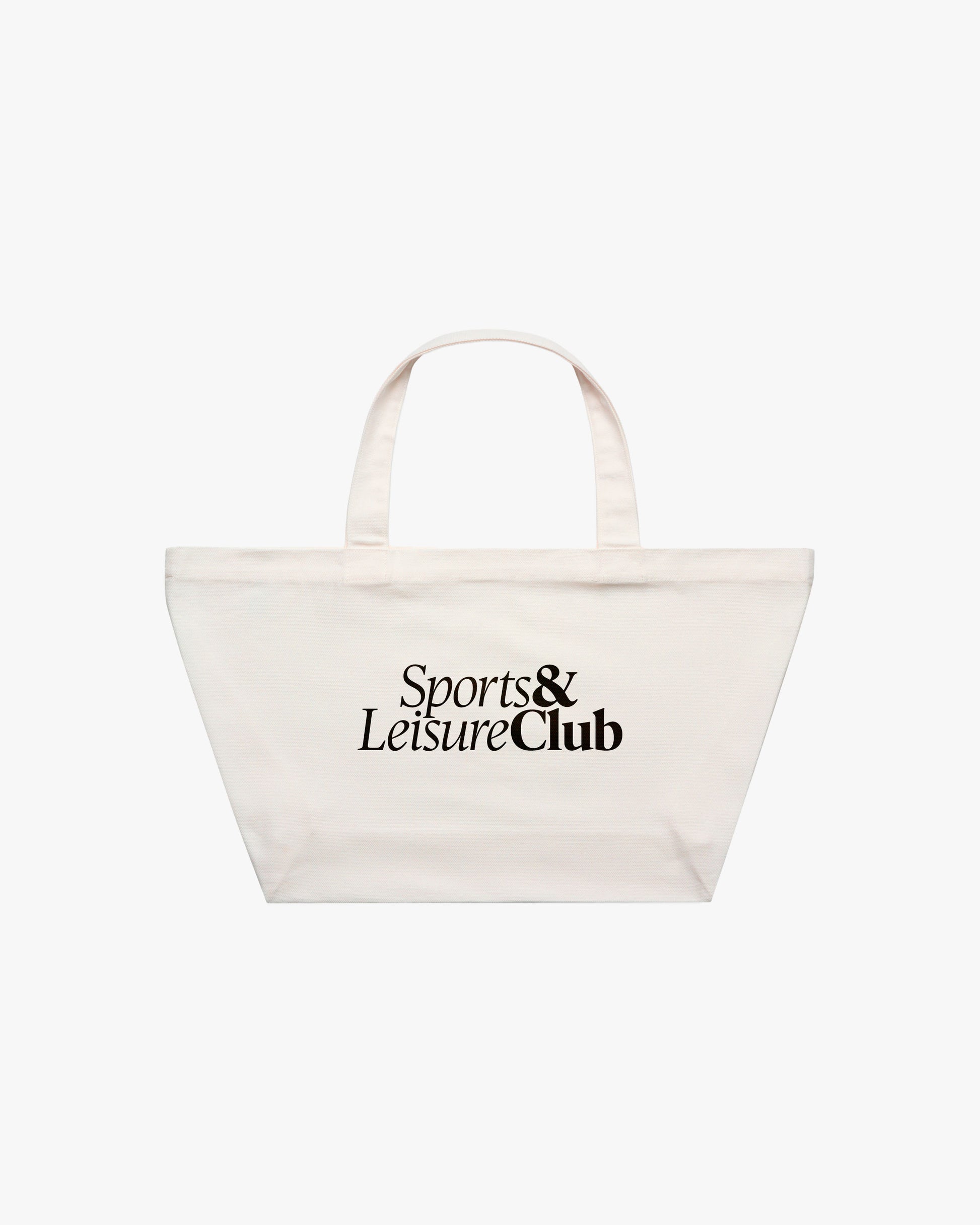Large cream canvas tote bag with black Sports & Leisure Club logo, heavyweight cotton, oversized shopper bag for everyday and gym use.