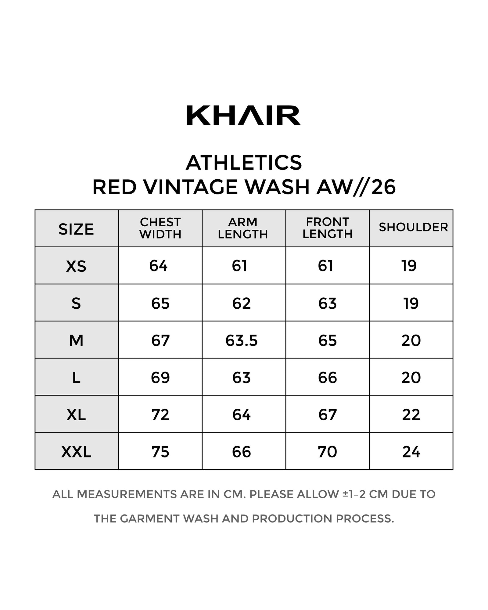 KHAIR Athletics Vintage Red Hoodie garment size guide