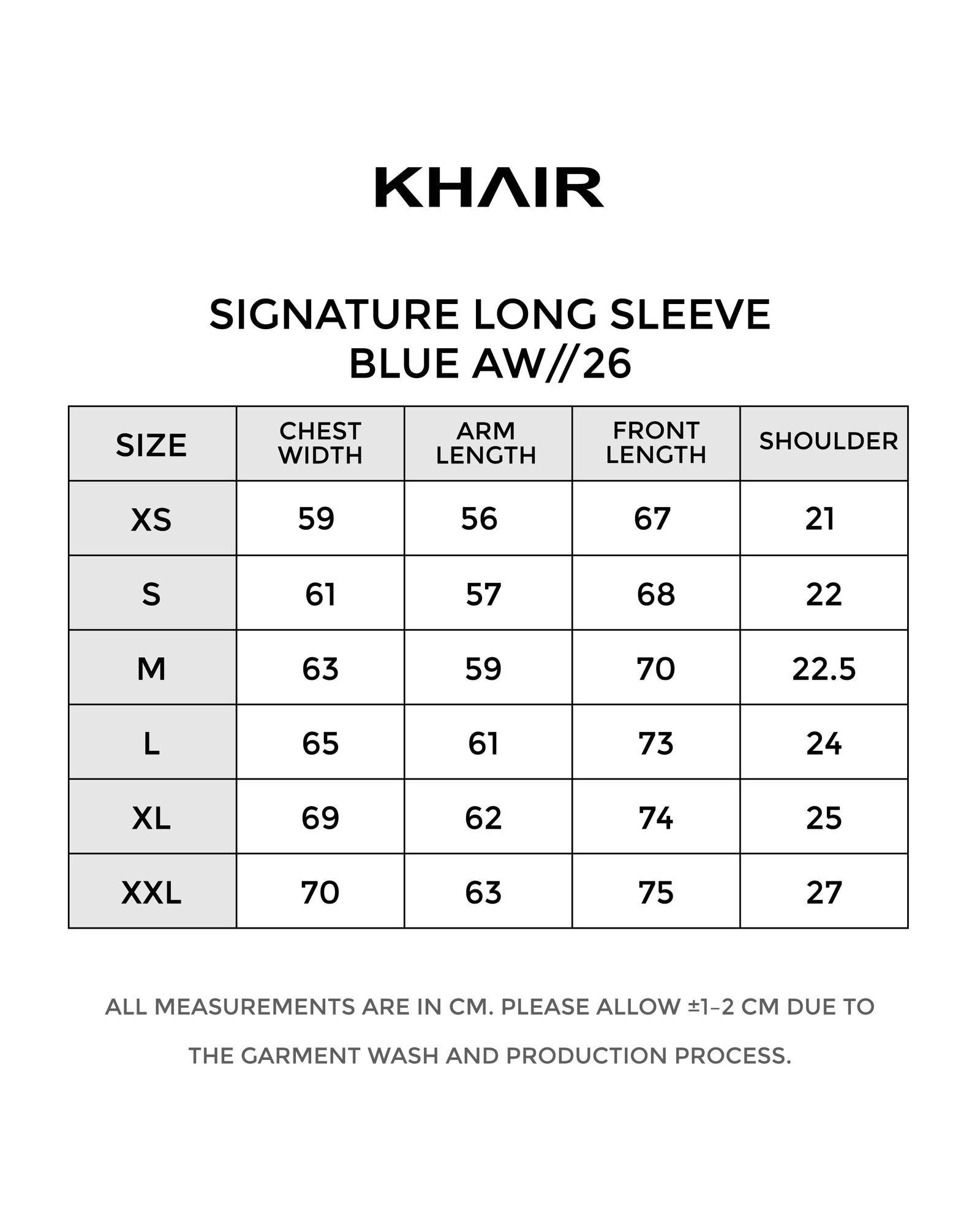 KHAIR Signature Long Sleeve – Washed Blue garment size guide