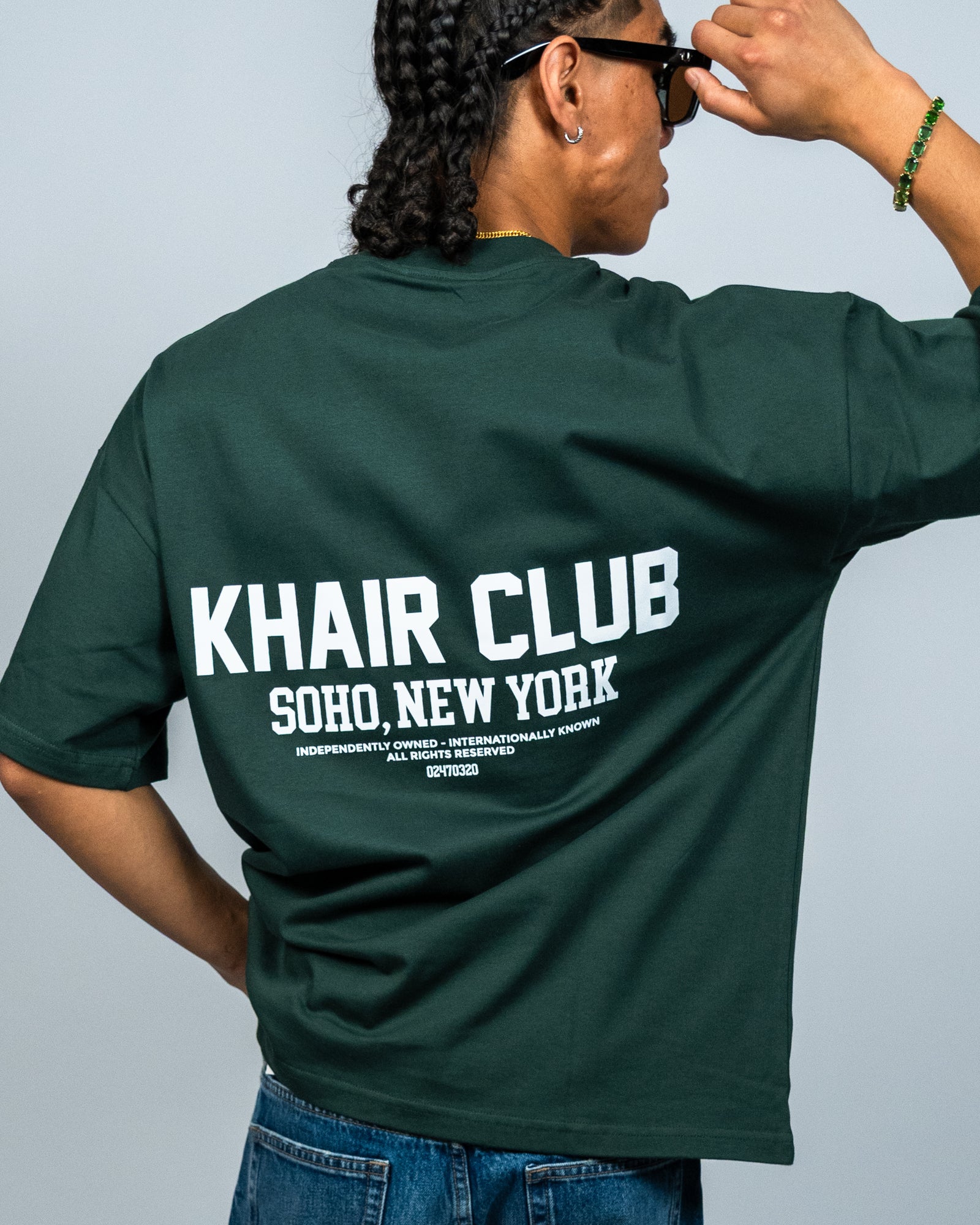 KHAIR CLUB Soho forest green T-shirt back print close-up