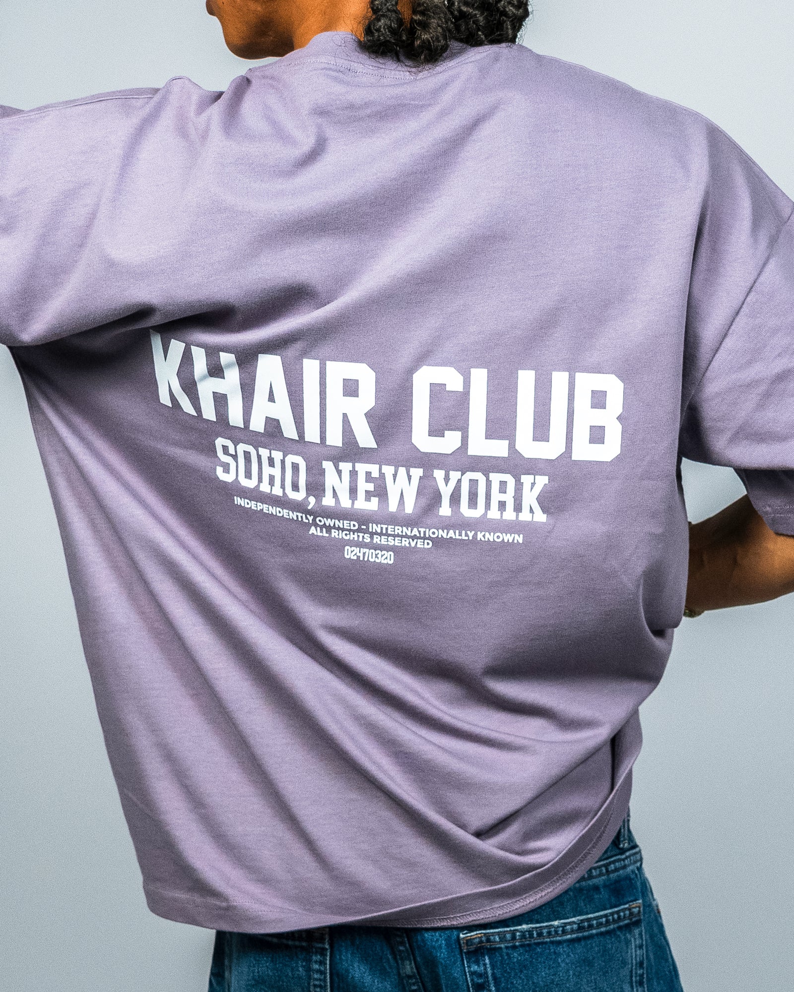KHAIR CLUB Soho powder purple T-shirt back print close-up
