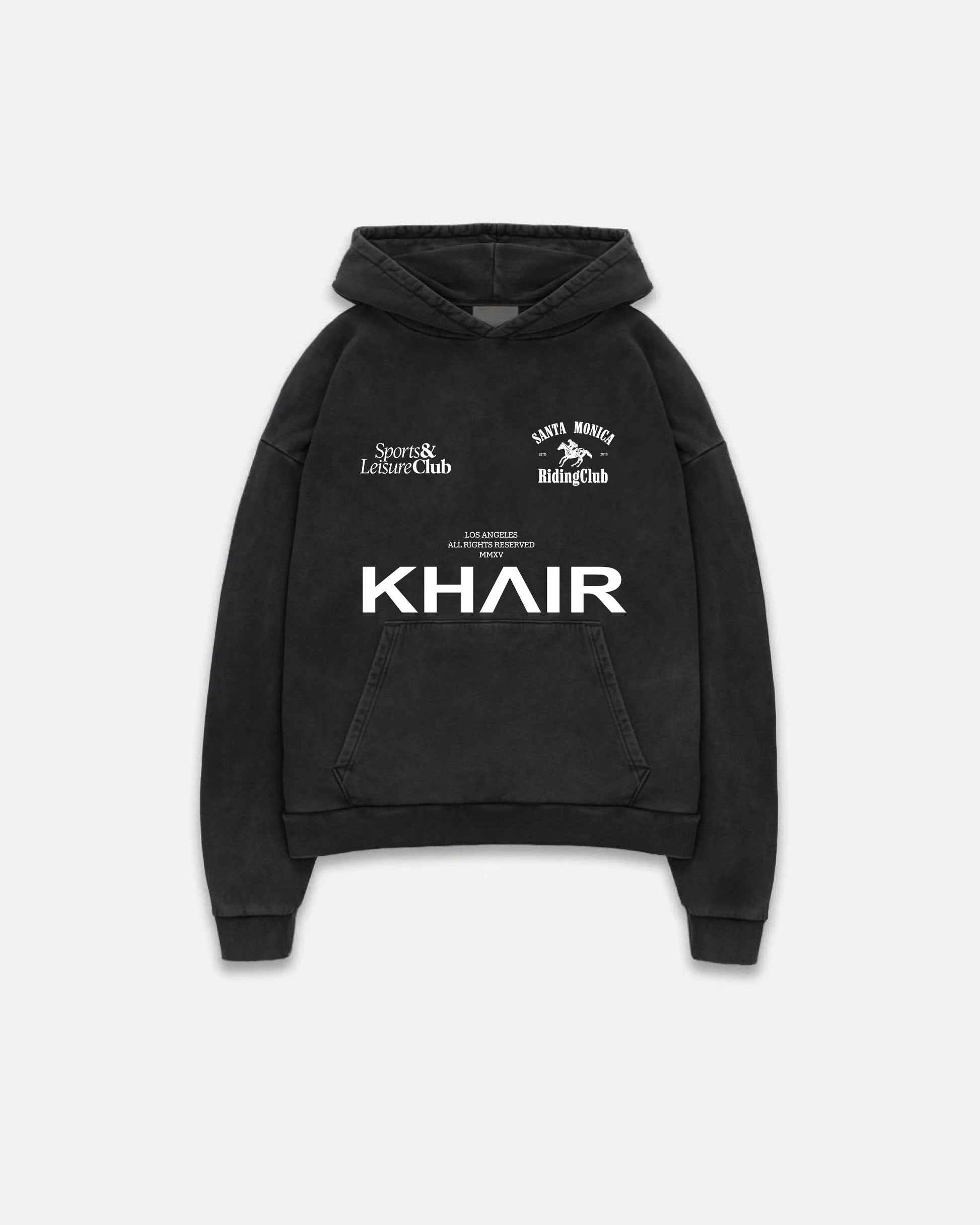 Front view of the vintage black Sports & Leisure Club Santa Monica Hoodie with bold white chest graphics and kangaroo pocket.