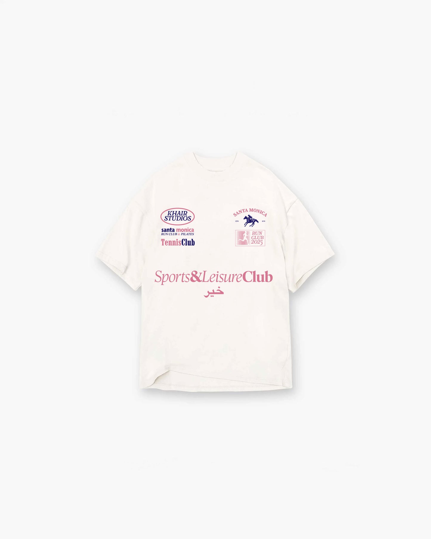 Front of white Khair Sports & Leisure Club T-shirt featuring Santa Monica Run Club, Tennis Club, and Khair Studios logos with pink Arabic text