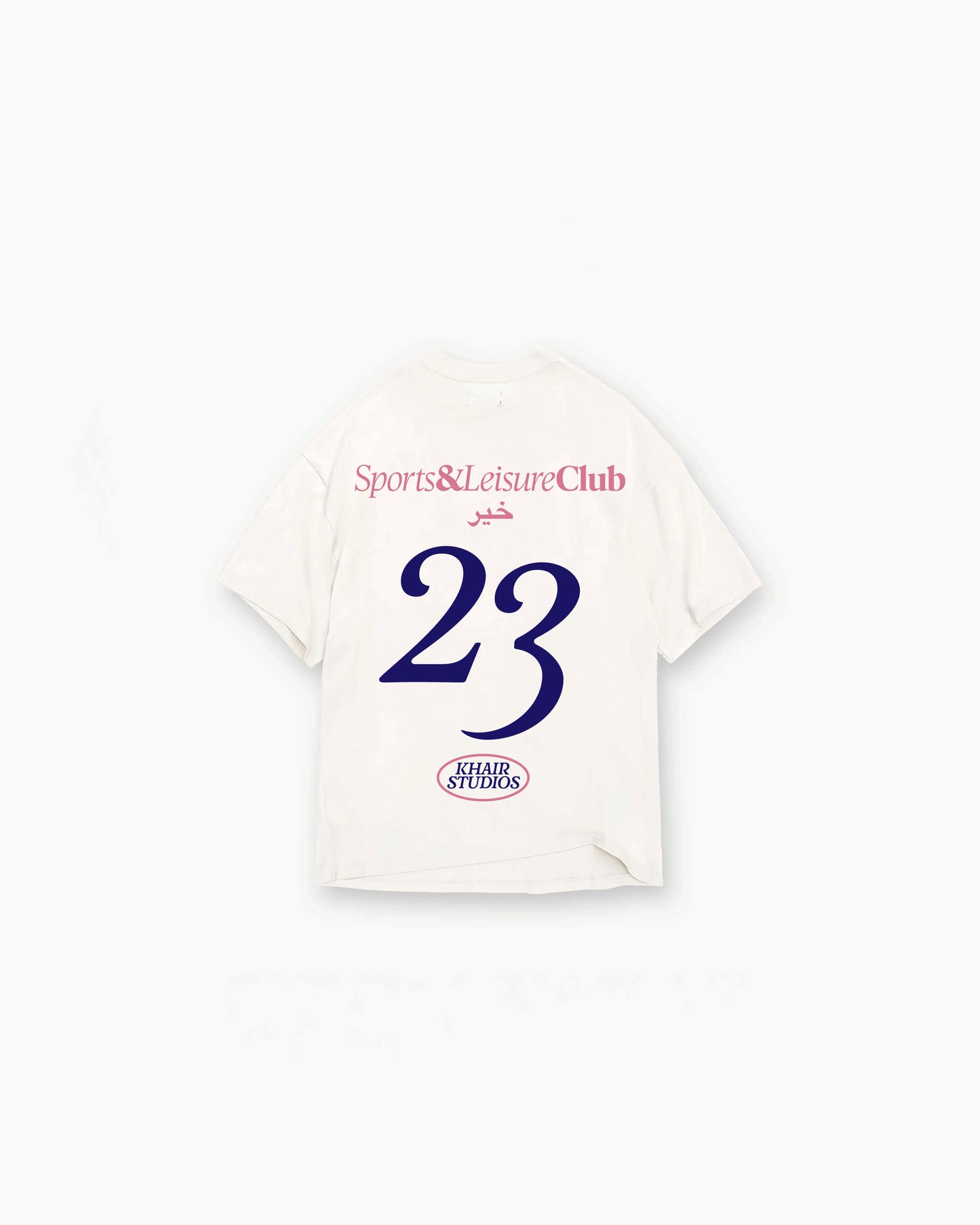 Back of white oversized Khair T-shirt with large navy 23 graphic, Sports & Leisure Club branding in pink, and Khair Studios oval logo