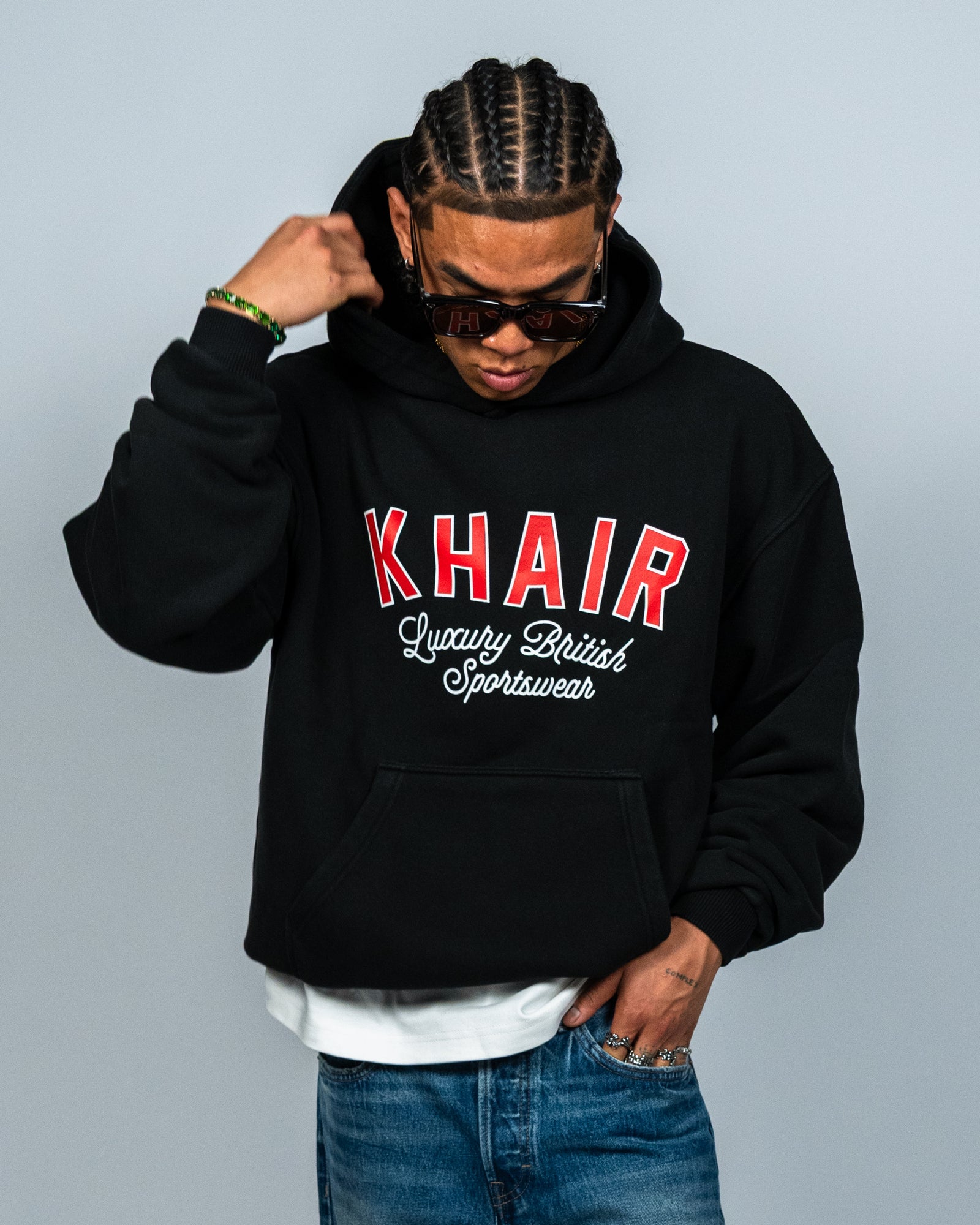 KHAIR oversized washed-black hoodie front fit on model