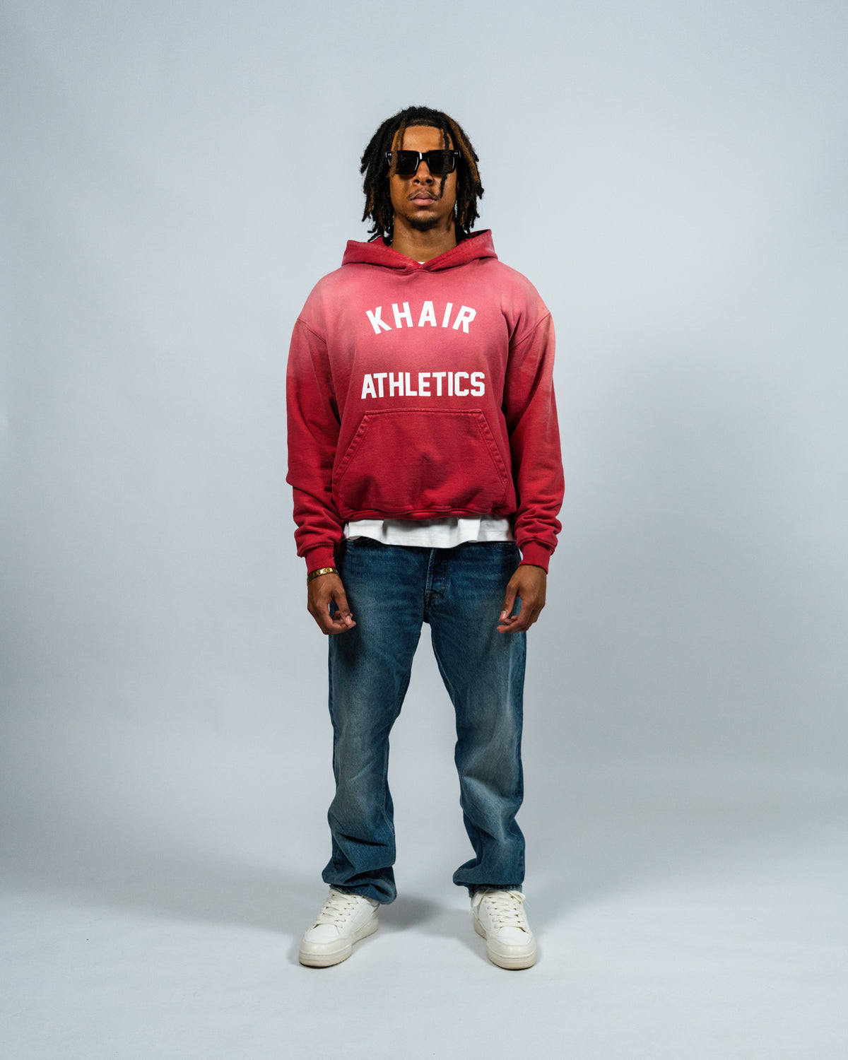 KHAIR Athletics vintage red hoodie full front fit on model