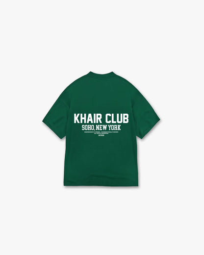 KHAIR CLUB Soho Tee in Forest Green – oversized unisex streetwear t-shirt with bold Soho, New York back print, designed in the UK and made in Portugal.