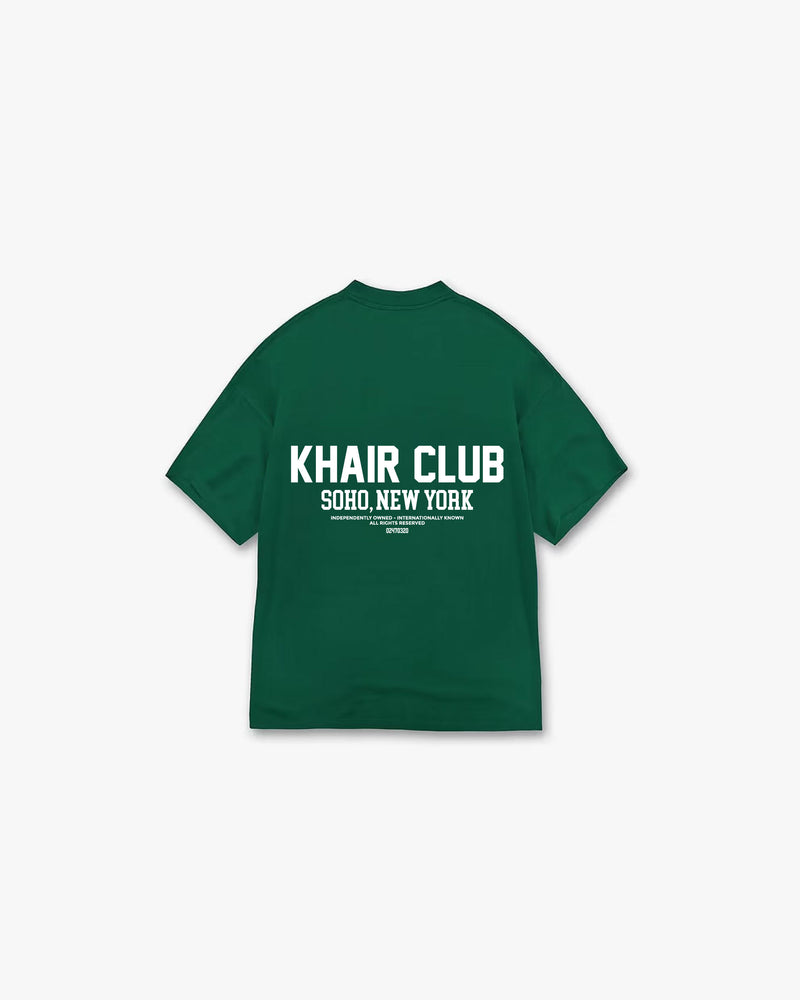 KHAIR CLUB Soho Tee in Forest Green – oversized unisex streetwear t-shirt with bold Soho, New York back print, designed in the UK and made in Portugal.