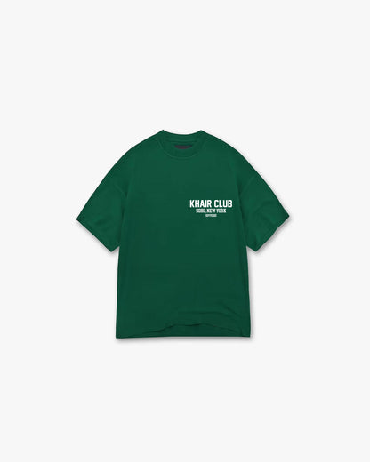 KHAIR CLUB Soho Tee in Forest Green – oversized unisex streetwear t-shirt with chest logo print, designed in the UK and made in Portugal