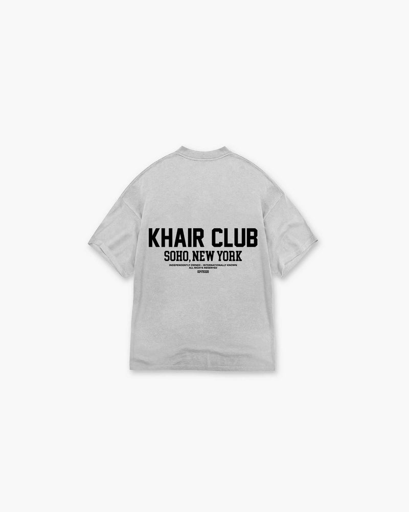 KHAIR CLUB Soho Tee in Grey – oversized unisex streetwear t-shirt with bold Soho, New York back print, designed in the UK and made in Portugal.