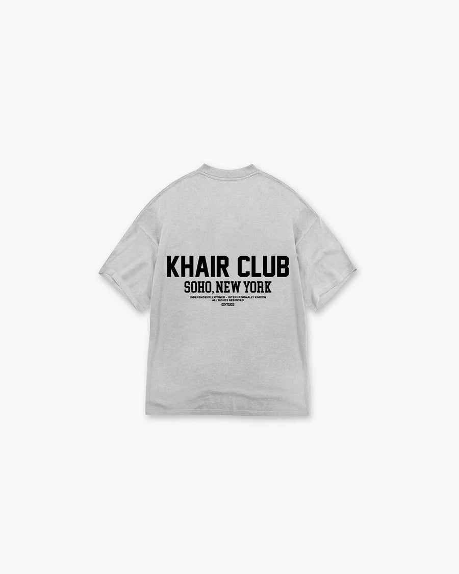 KHAIR CLUB Soho Tee in Grey – oversized unisex streetwear t-shirt with bold Soho, New York back print, designed in the UK and made in Portugal.