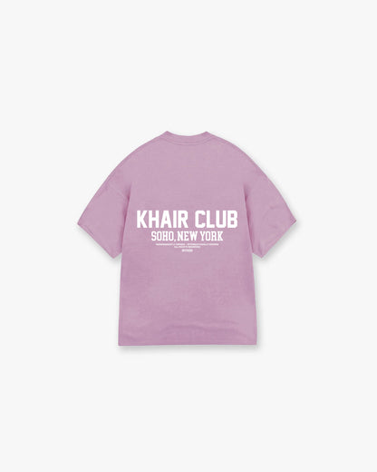 KHAIR CLUB Soho Tee in Powder Purple – oversized unisex streetwear t-shirt with bold Soho, New York back print, designed in the UK and made in Portugal.