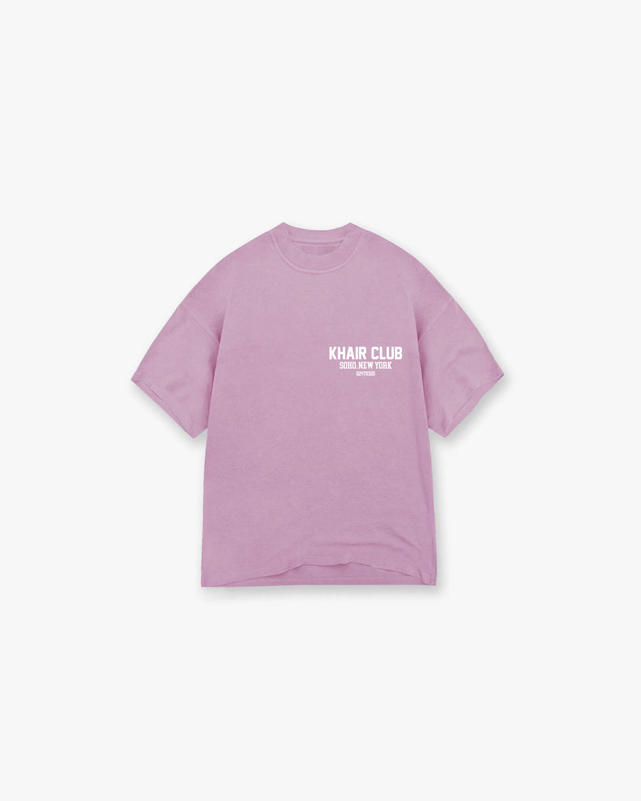 KHAIR CLUB Soho Tee in Powder Purple – oversized unisex streetwear t-shirt with chest logo print, designed in the UK and made in Portugal.
