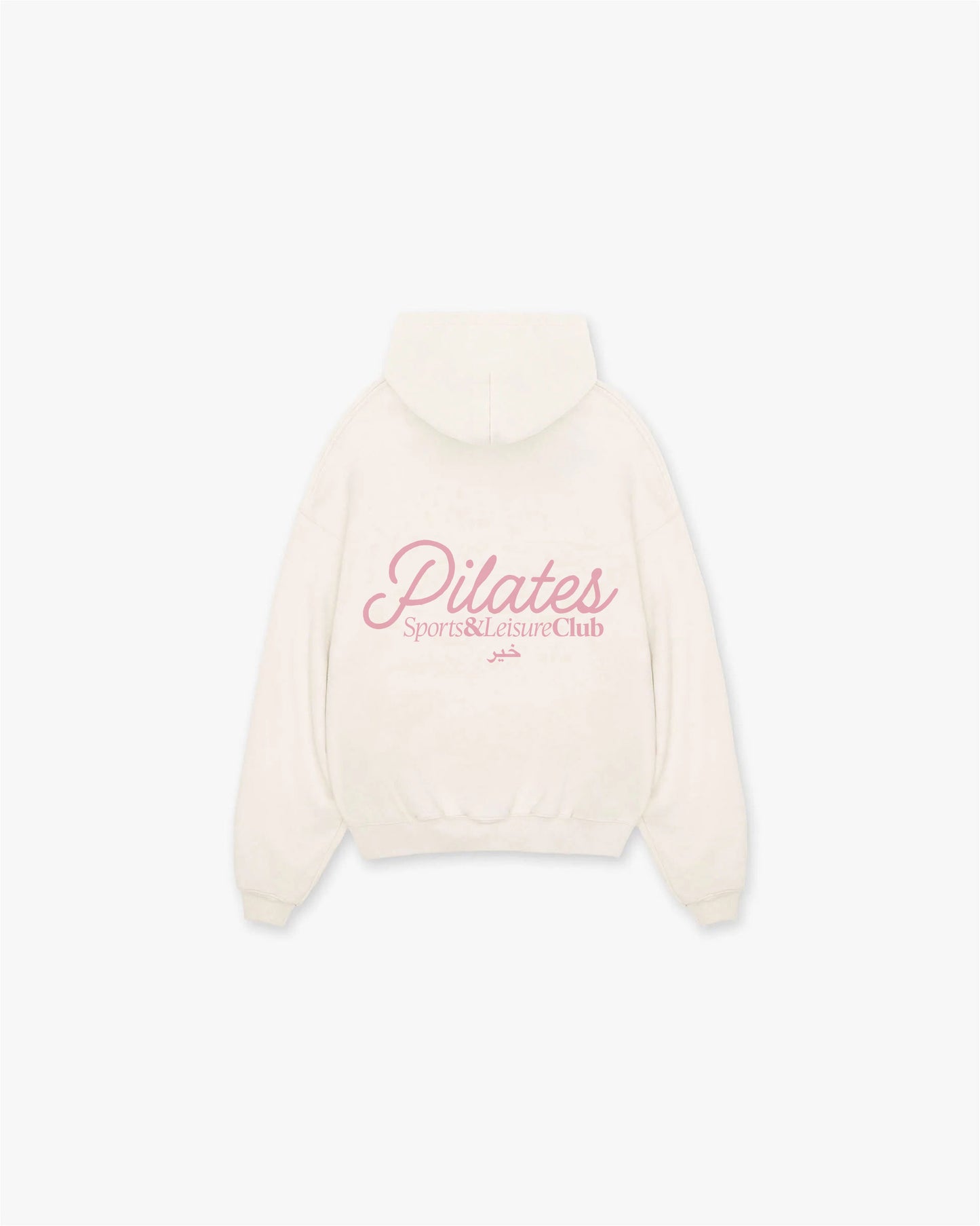 Back view of Khair Pilates Sports & Leisure Club hoodie in butter cream featuring large pink logo across the shoulders.