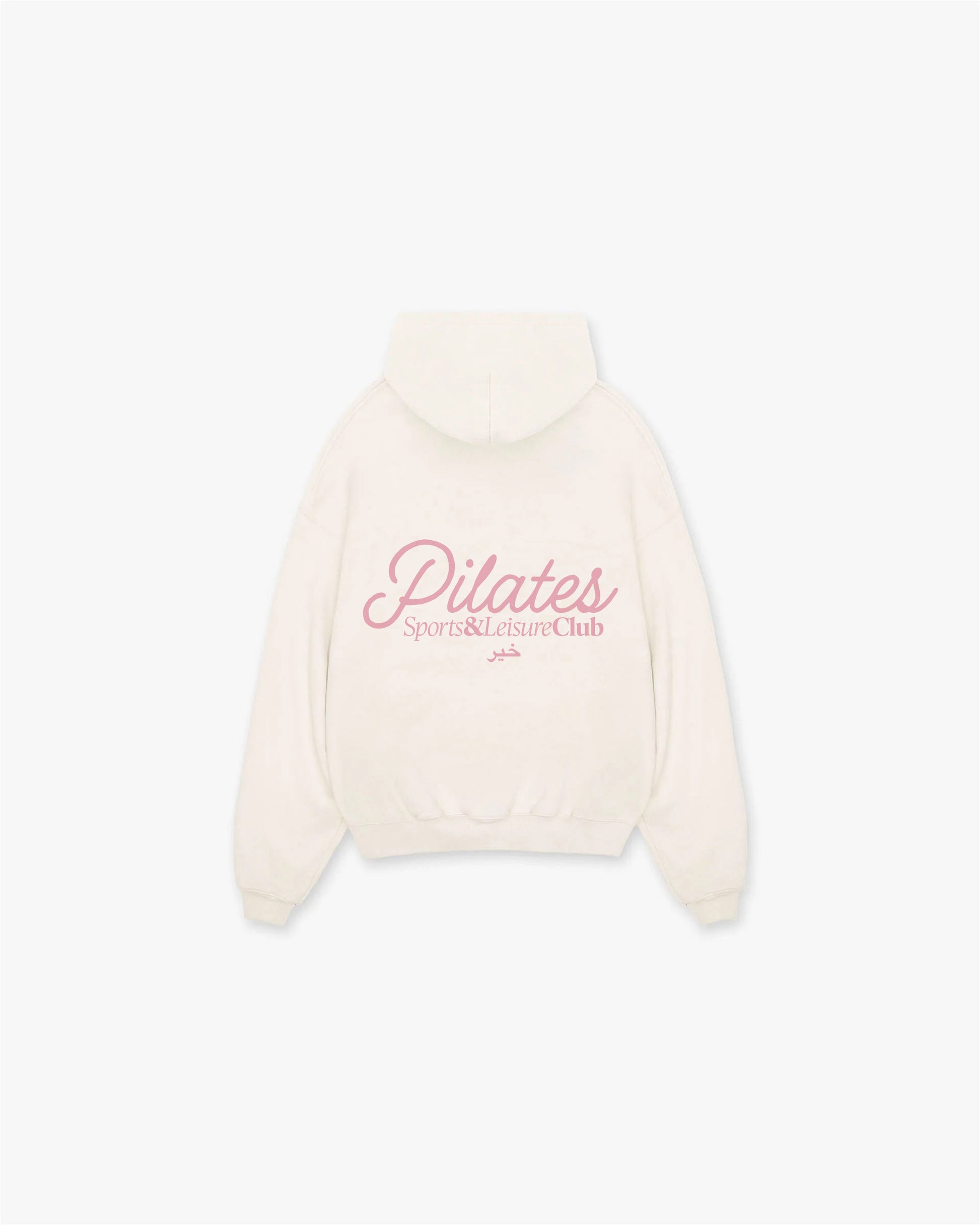 Back view of Khair Pilates Sports & Leisure Club hoodie in butter cream featuring large pink logo across the shoulders.