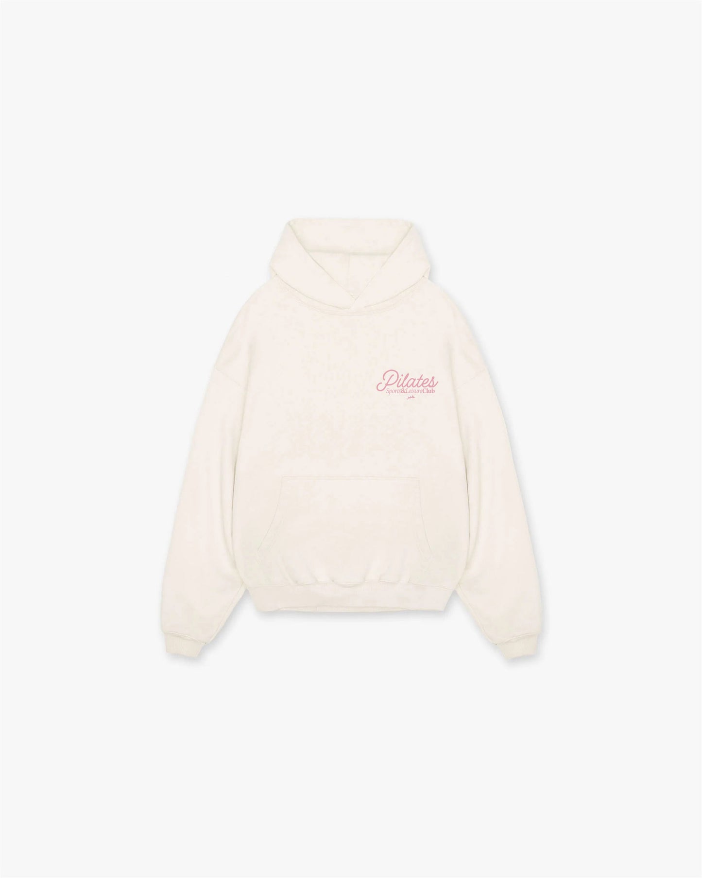 Front view of Khair Pilates Sports & Leisure Club hoodie in butter cream with small pink logo print on chest.