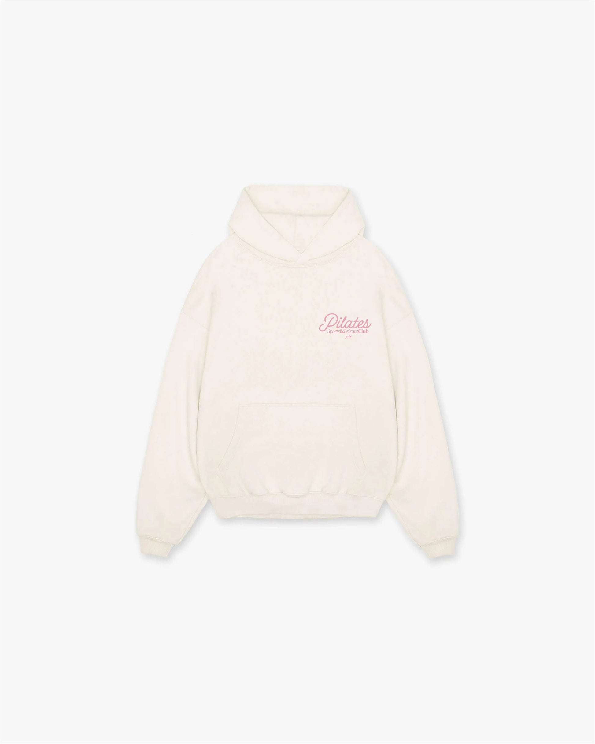 Front view of Khair Pilates Sports & Leisure Club hoodie in butter cream with small pink logo print on chest.