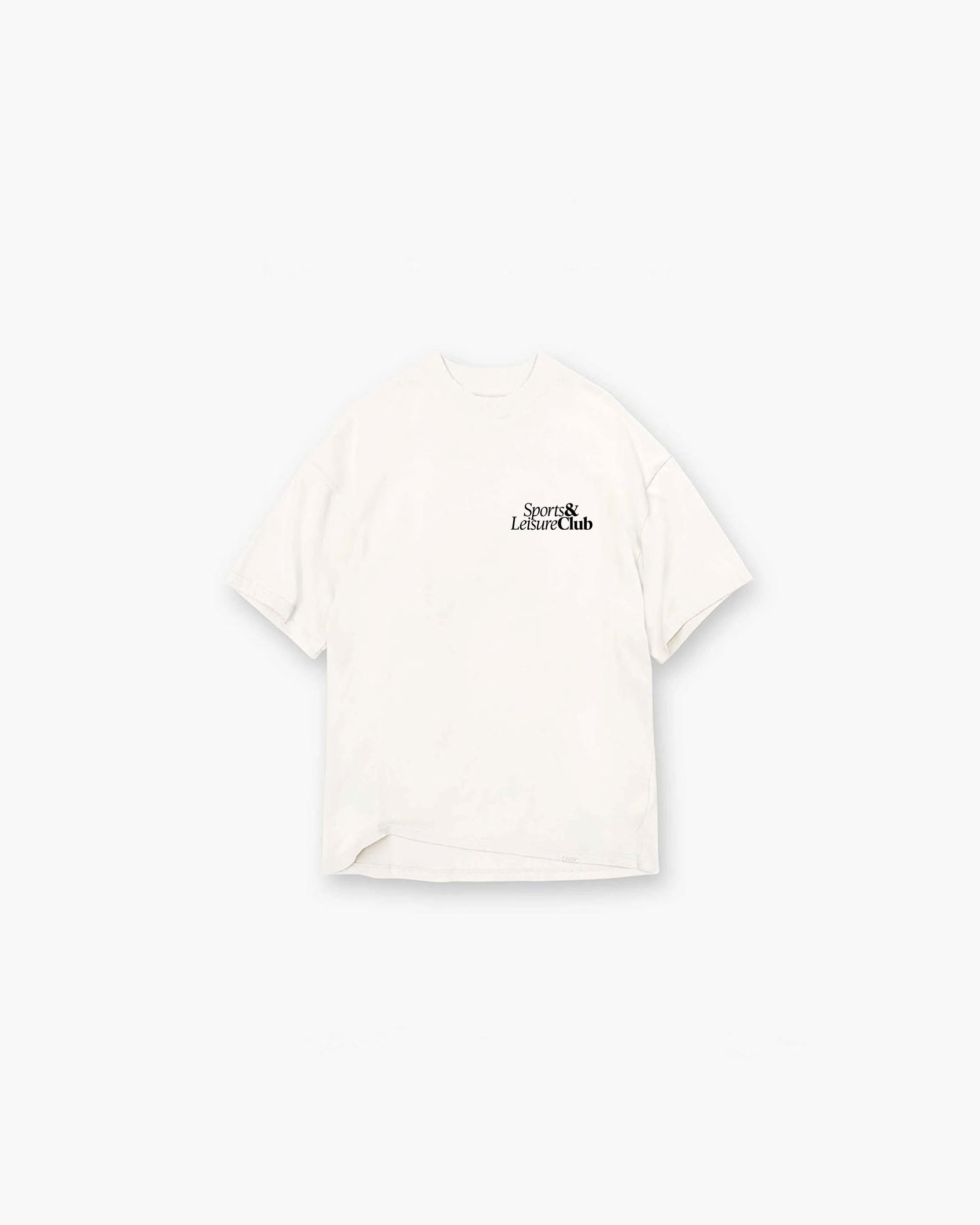 Oversized white T-shirt with small black Sports & Leisure Club logo on chest, heavyweight cotton streetwear tee