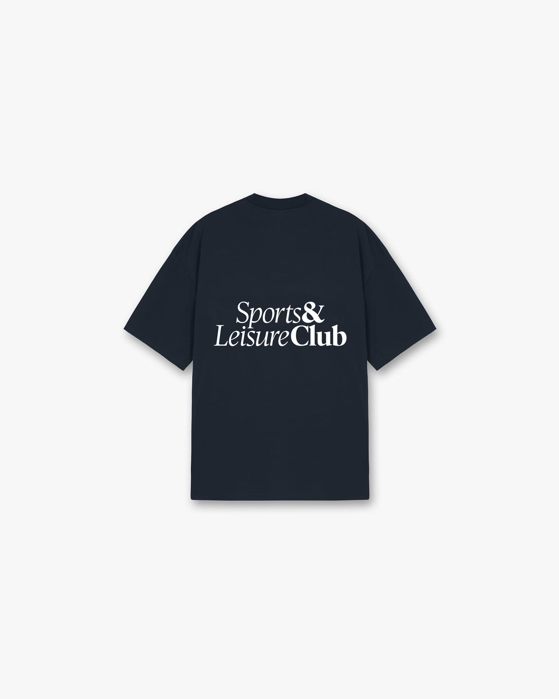 Oversized navy T-shirt with large white Sports & Leisure Club logo on back, heavyweight cotton streetwear tee.