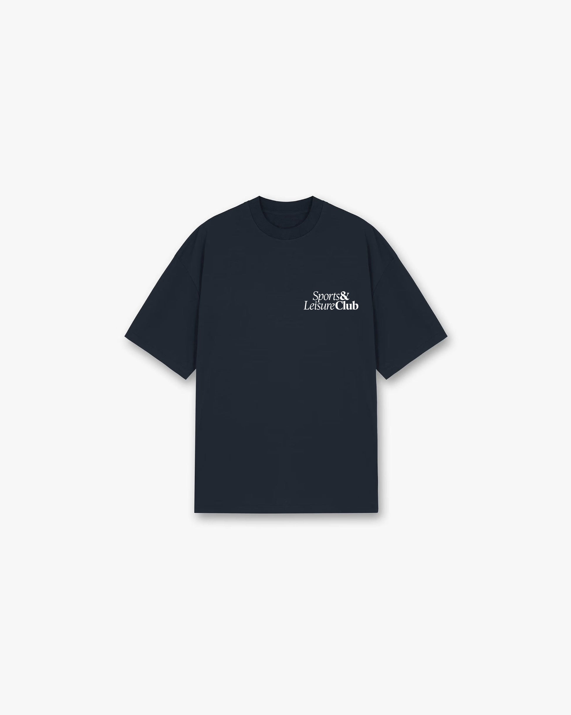 Oversized navy T-shirt with small white Sports & Leisure Club logo on chest, heavyweight cotton streetwear tee.